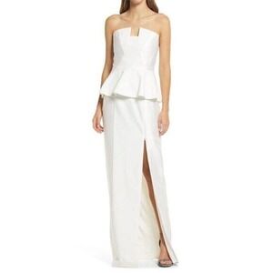 Black Halo Eve Laurel Berman White Peplum Strapless Maxi Gown Dress Slit Size 12